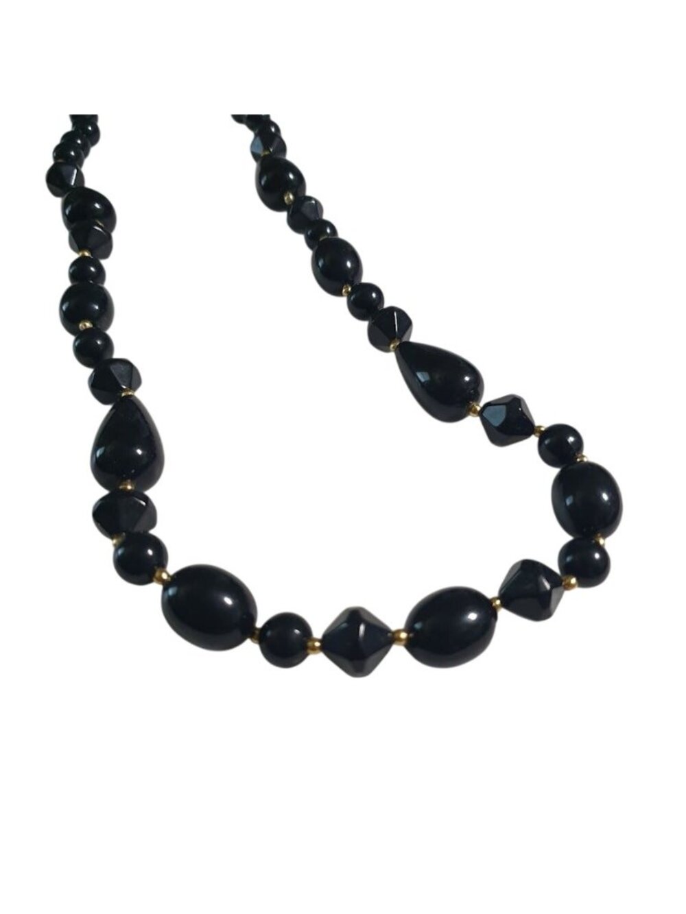 Vintage Black Bead Teardrop Gold Tone Necklace Acrylic Clasp Closure Jewelry Gif